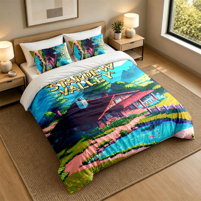 3Pcs Bedding SetStardew Valley Soft Bed Sheet and Two Pillowcases Home Bedroom Decor