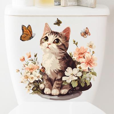 Милая цветочная кошечка Наклейка на крышку унитаза Самоклеящаяся Съемная Декор для ванной