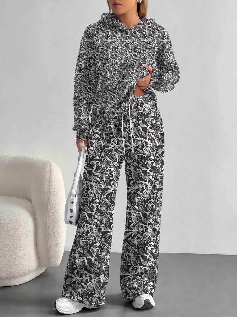 Tie-dye European, American autumn and winter 1116 casual long-sleeved suit women's hooded sweater trousers two-piece flower set