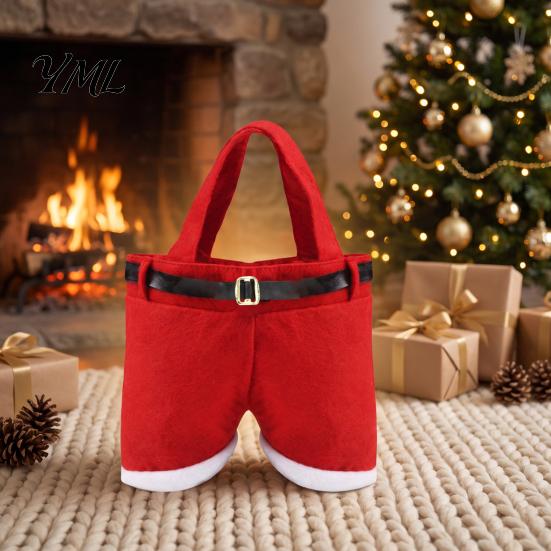 Holiday Window Display Props Christmas Santa Pants Gift Bag, Red Plush Candy Tote with Handles Eve Holders for Wine Bottle, Party Favor Wrapping, Xmas