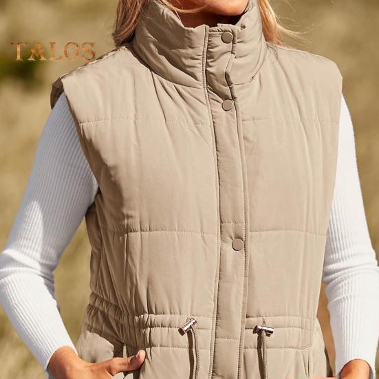 Winter Women Vest Coat Thickened Padded Button Closure Stand Up Collar Sleeveless Solid Color Drawstring Tight Waist Windproof Heat Retention Outdoor