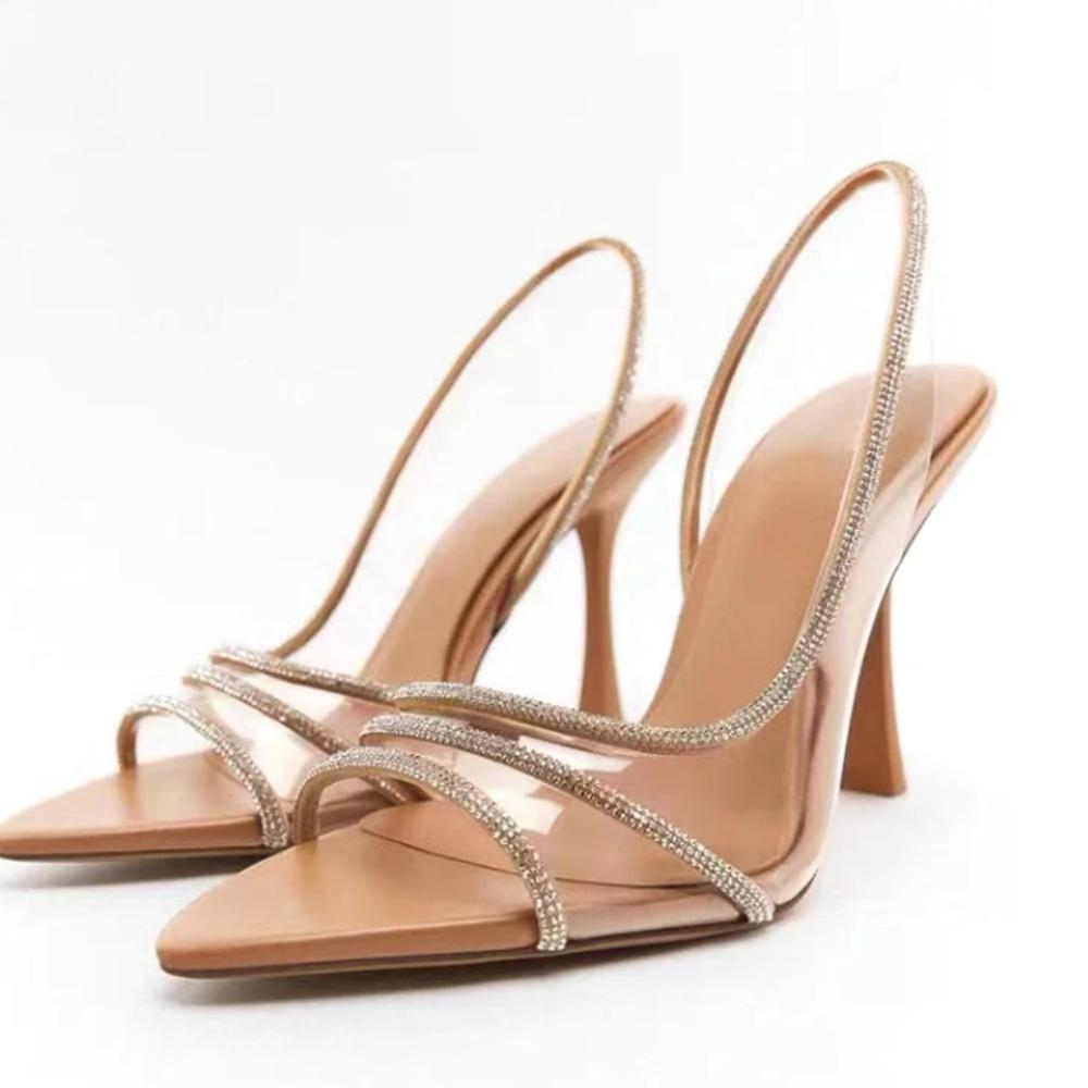 Модные босоножки на высоком каблуке Женские 2025 Лето Новые Сказочный стиль Сексуальные с мелким вырезом С открытой пяткой Остроносые Водяной бриллиант Босоножки с открытым носком