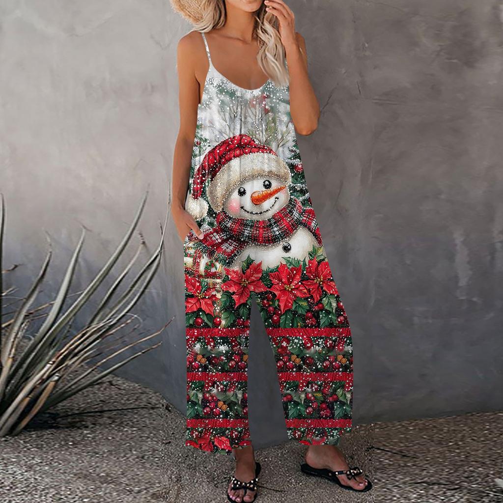 Женский рождественский принтованный комбинезон, свободный, с регулируемыми подтяжками