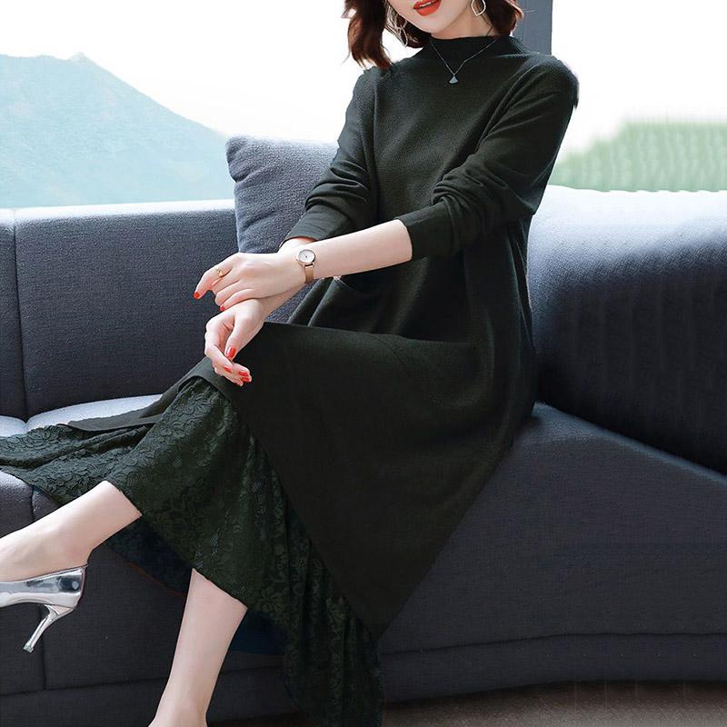 Платье женское осенне-зимнее кружевное удобное эластичное платье-свитер средней длины трикотажные платья с длинными рукавами