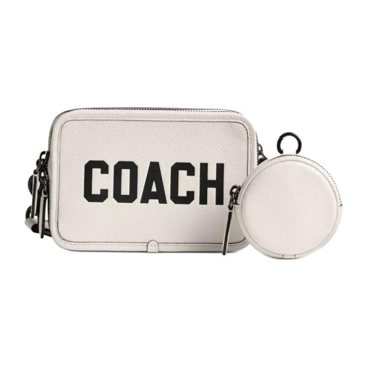 Coach Чартер 19 Сумка через плечо с двойной молнией и съемным плечевым ремнем из мягкой полированной кожи с эффектом гальки Маленькая мужская сумка Белый мел CP270-CAH