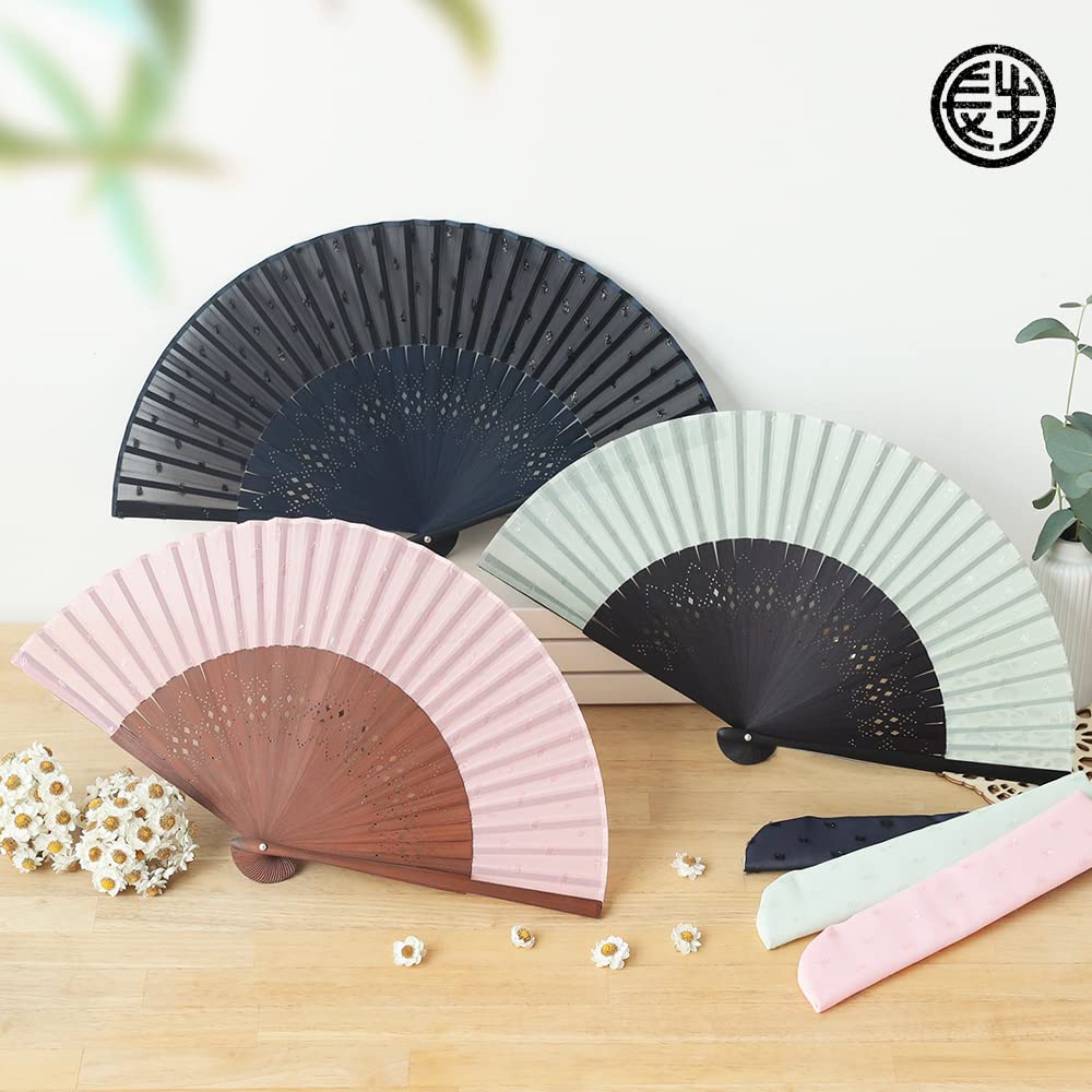 Stylish Business Fan Set with Fan Bag and Ange [Osaka Choseido] Women's Handkerchief, (Light Pink)