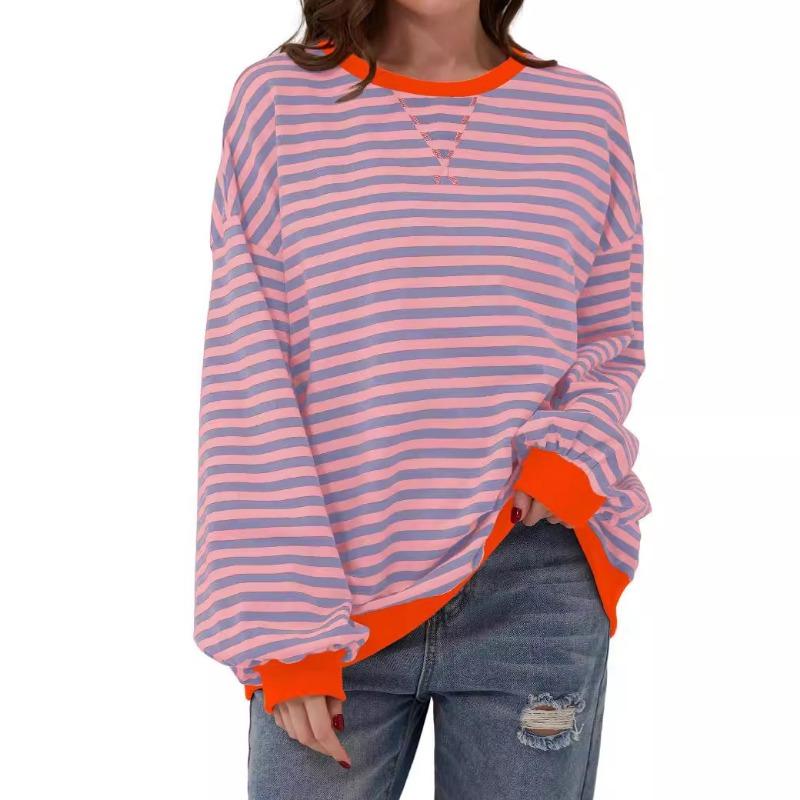 Simple Home Leisure New, Striped Pattern Round Neck Trend Long Sleeve, Pullover Color T-shirt