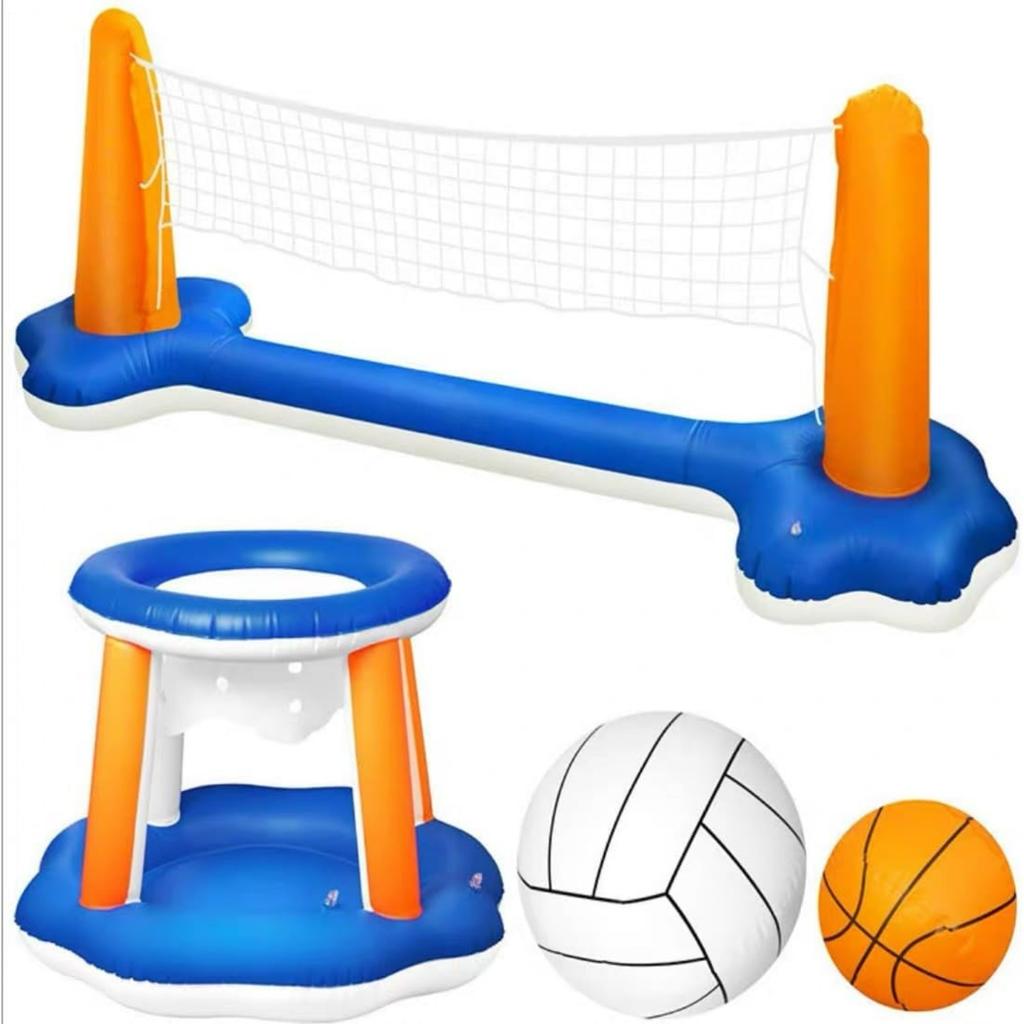 Inflatable Pool Volleyball Net Set with Basketball Hoop, Volleyball Net & Basketball Hoop,2-in-1 Floating Water Games for Adults,Backyard Water Sports