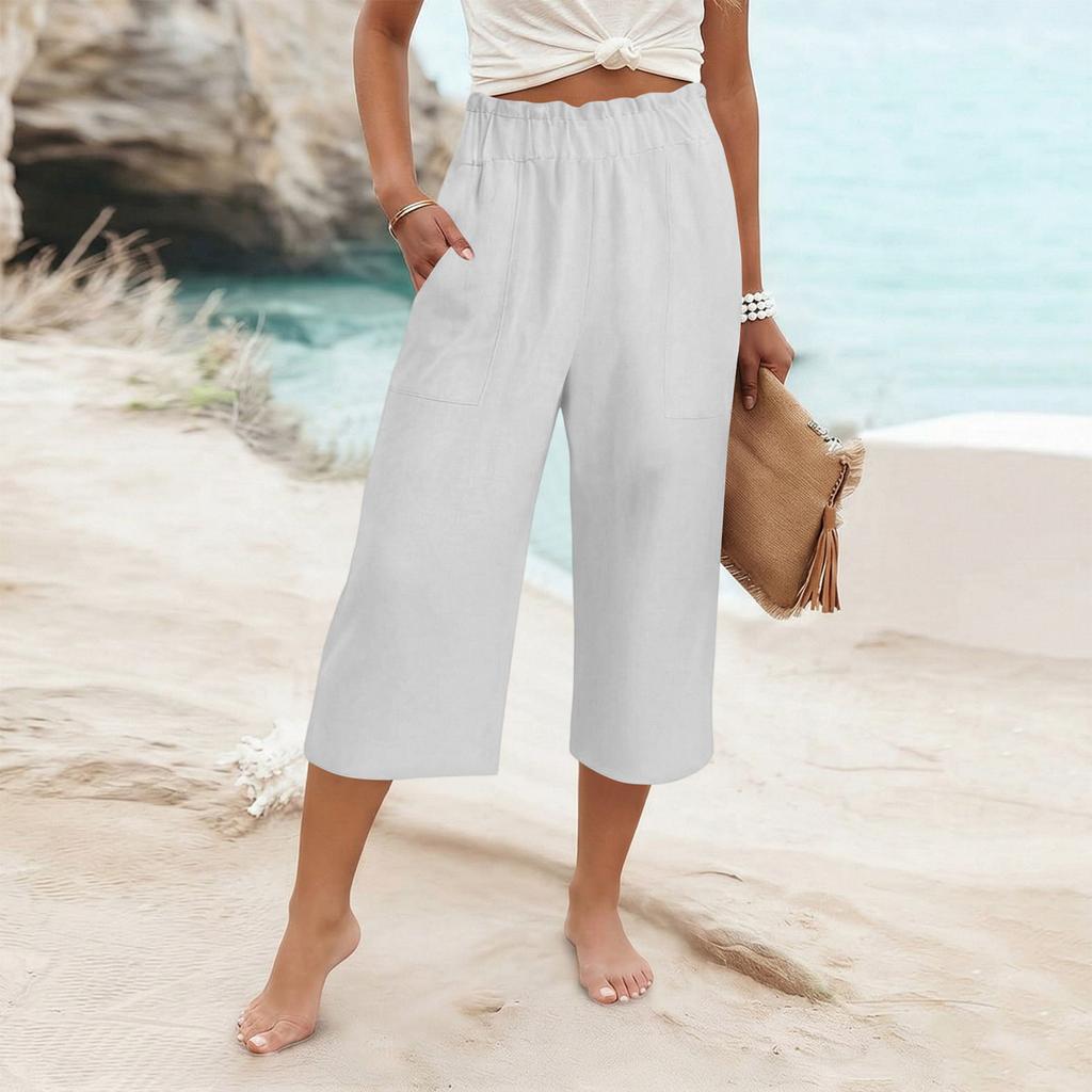 Womens Baggy Cotton Linen Pants Elastic Waist Casual Loose Summer Beach Vacation Pants