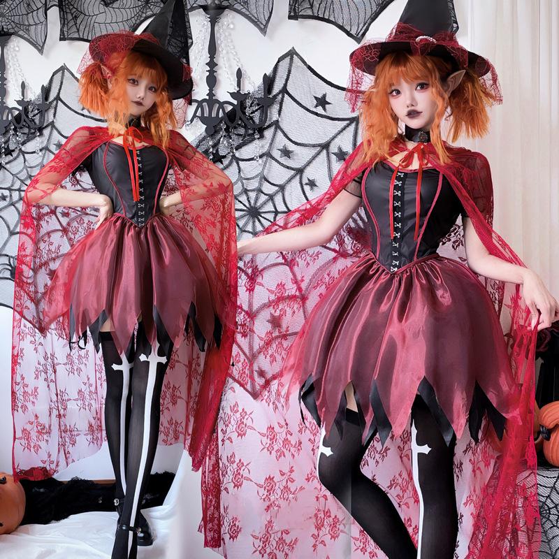 Halloween Costume Adult Women Cosplay Witch Outfit Witch Vampire Sexy Shawl Cloak Dress for Women