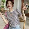 Front Shoulder Women's T-shirt Short Sleeve Summer New Design Sense Niche Striped Drawstring Waist French Sweet and Spicy Short Top