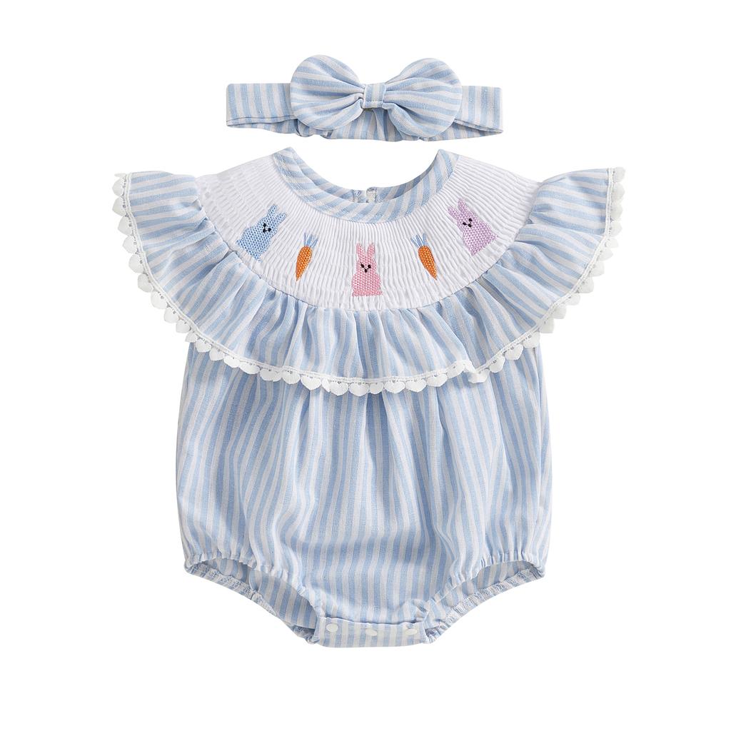 Baby Girls Rompers Easter Clothes Rabbit Carrot Embroidery Stripe Ruffles Sleeveless Infant Bodysuits Jumpsuits with Headband