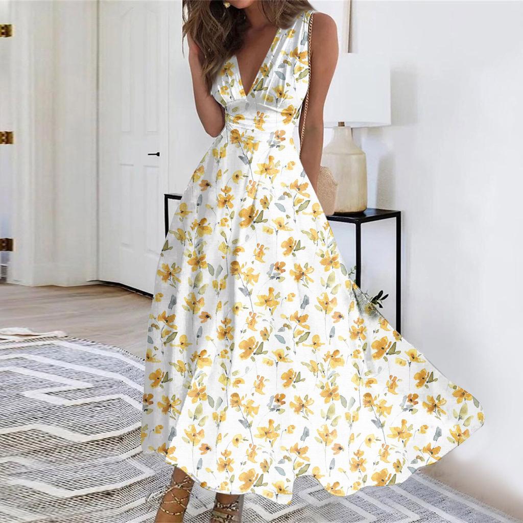 Женское длинное платье Платье макси Повседневное платье Летнее повседневное платье без рукавов с v-образным вырезом в стиле бохо с талией и принтом