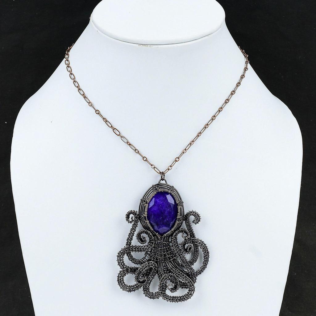 Ограненный Синий Сапфир Кулон Медная Проволока Обернутый Кулон Ювелирные Изделия Из Драгоценных Камней Кулон Осьминог Кулон Ручной Работы Медная Проволока Ювелирные Изделия Подарок Для Нее