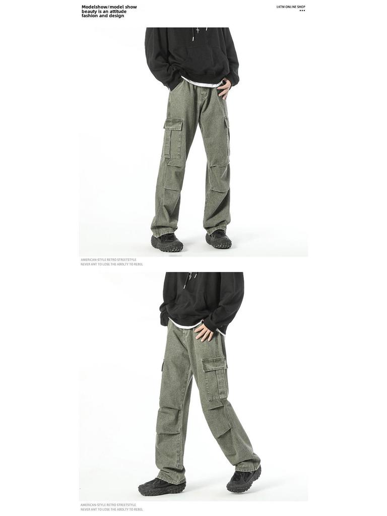 LKTM Мужские свободные джинсы в японском стиле с широкими штанинами и множеством карманов - модный прямой плиссированный комбинезон