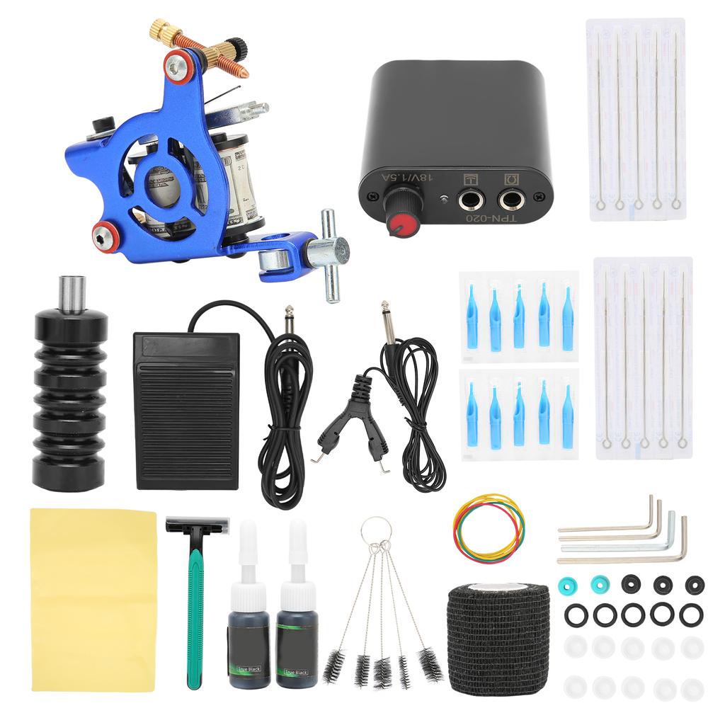 10 Wraps Tattoo Coil Machine Kit Black Mini Tattoo Power Supply Complete Tattoo Machine Set for