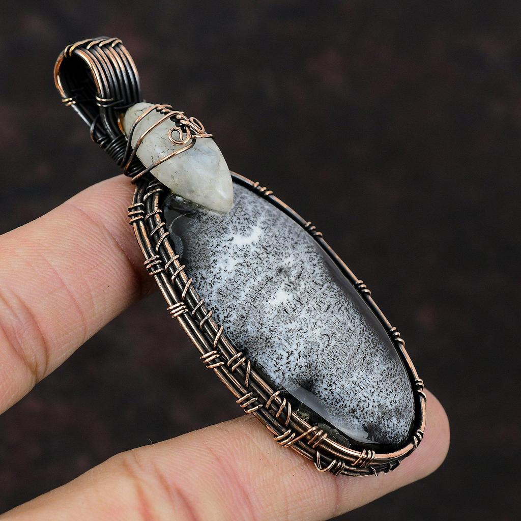 Кулон из дендритового опала, кулон, обмотанный медной проволокой, ювелирное изделие с драгоценным камнем радужного лунного камня, кулон ручной работы в стиле бохо, ювелирное изделие из медной проволоки, подарок для него