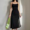 European and American Style Black Camisole Skirt, Women's Side Waist Small Pleated Waist Tied Slim Dress