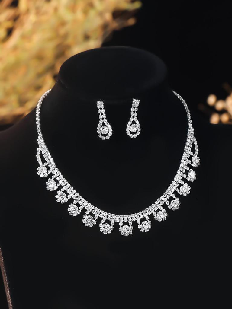 Luxury Bridal Zircon Flower Necklace & Earrings Set - Elegant Wedding Jewelry Accessories