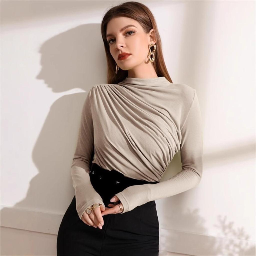 Women's Autumn and Winter Small High Neck Pumped Pleated Versatile Long-sleeved T-shirt