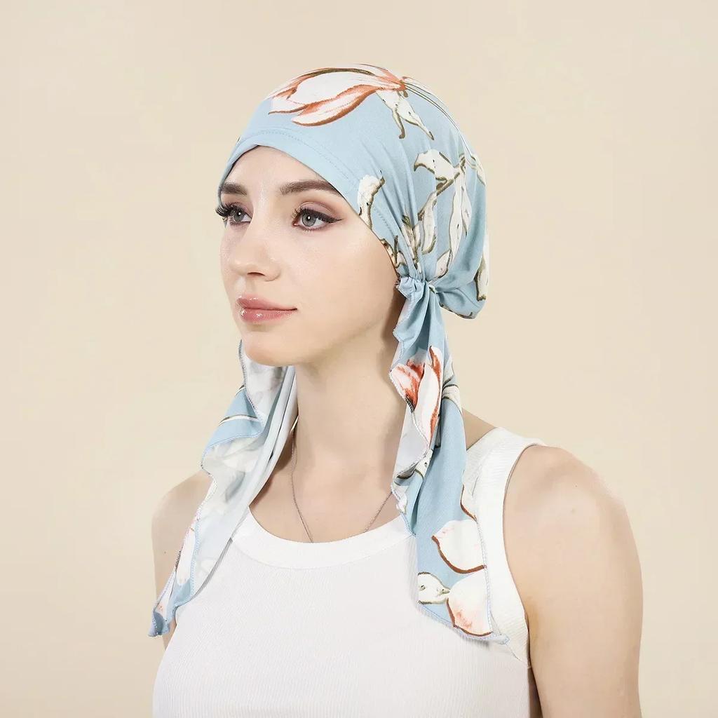 New Shimmer Pre-Tied Hat Women Muslim Hijab Turban Long Tail Headscarf Beanies Bonnet Hair Loss Chemo Cap Head Wrap Bandanas