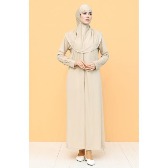 Hijab Seasonal Full Length Flared Sleeve Mink Color Zipper Prayer Dress