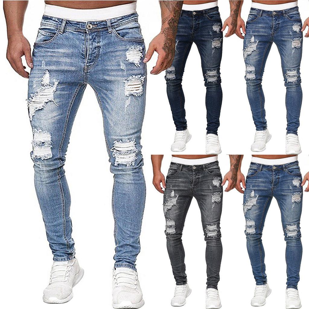Men's Casual Stretch Jeans Fashion Personality Ripped Holes Slim Stretch Small Feet Motorcycle Jeans