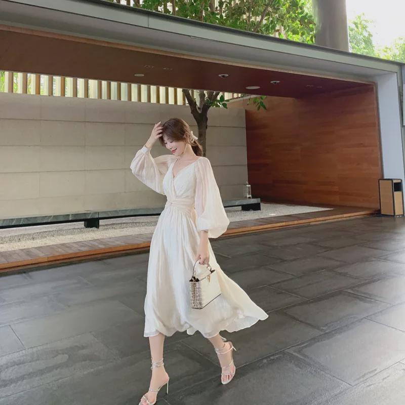 2024 French Style Puff Sleeve White Dress - Elegant Slim Fairy Princess Design