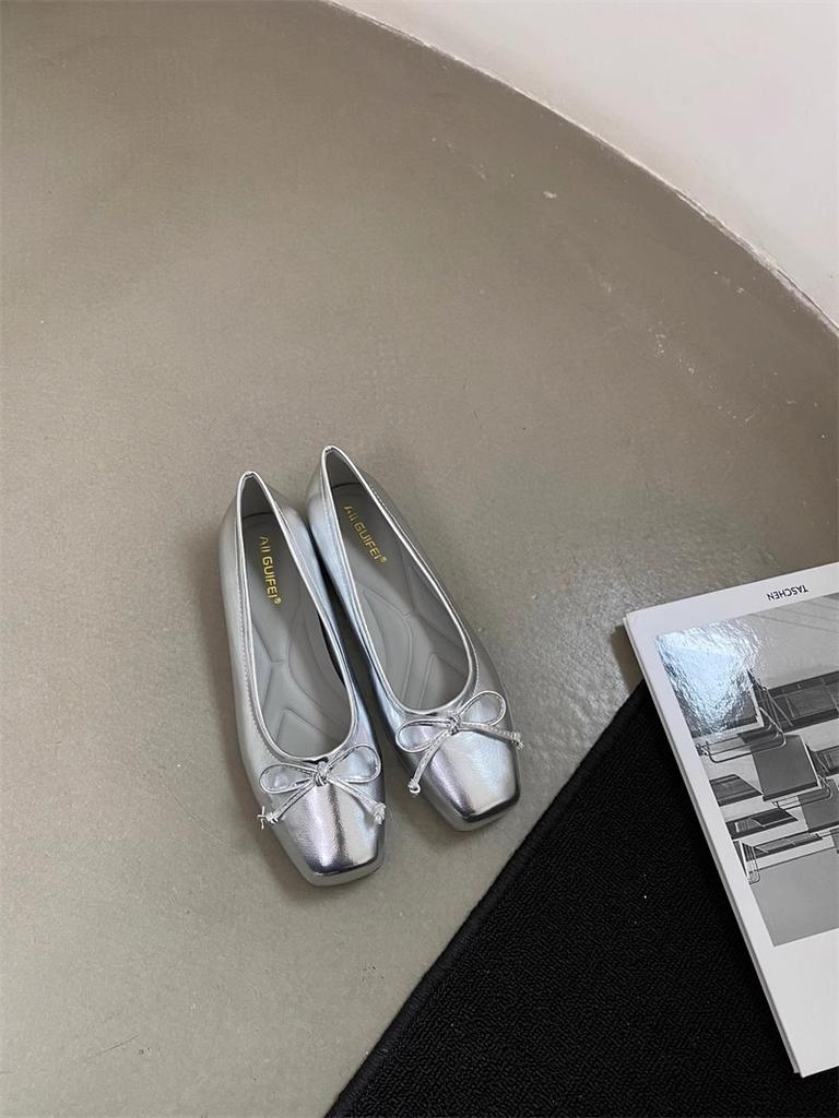 Серебристые модные одинарные туфли с квадратным носком, женские, французский поздний вечерний ветер, туфли бабушки с бантом, маленькие кожаные туфли, женская обувь, весна и осень, привет