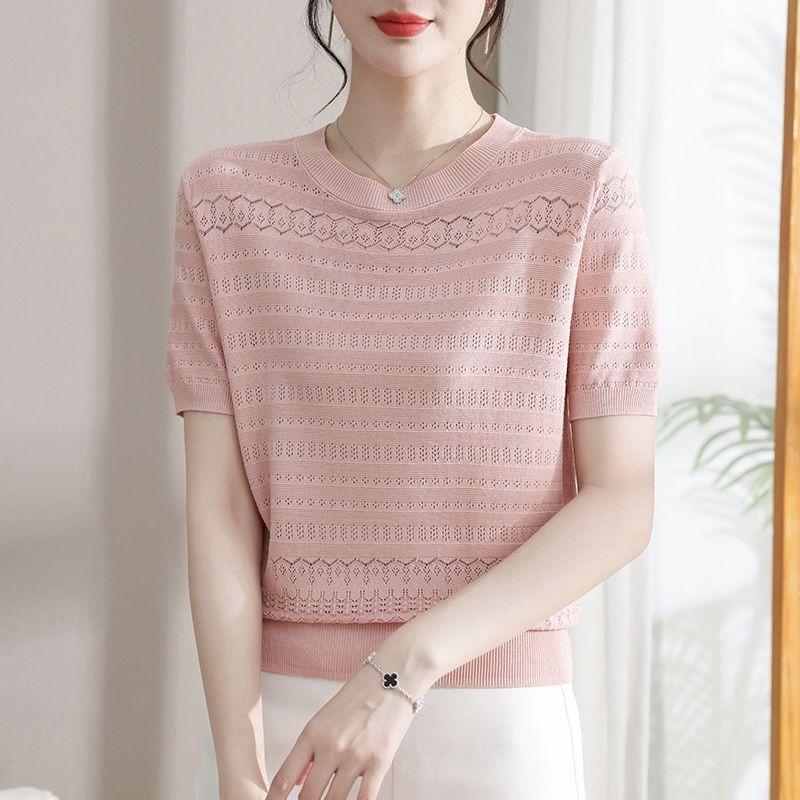 Women's Round Neck Short Sleeved Ice Silk Fabric Knitted Loose Hollow Pullover Summer Fashionable T-Shirt