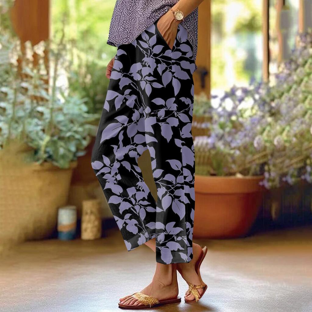 Women's Fashionable Floral Print Straight Leg Pocket Elastic Waist Casual Pants Pants