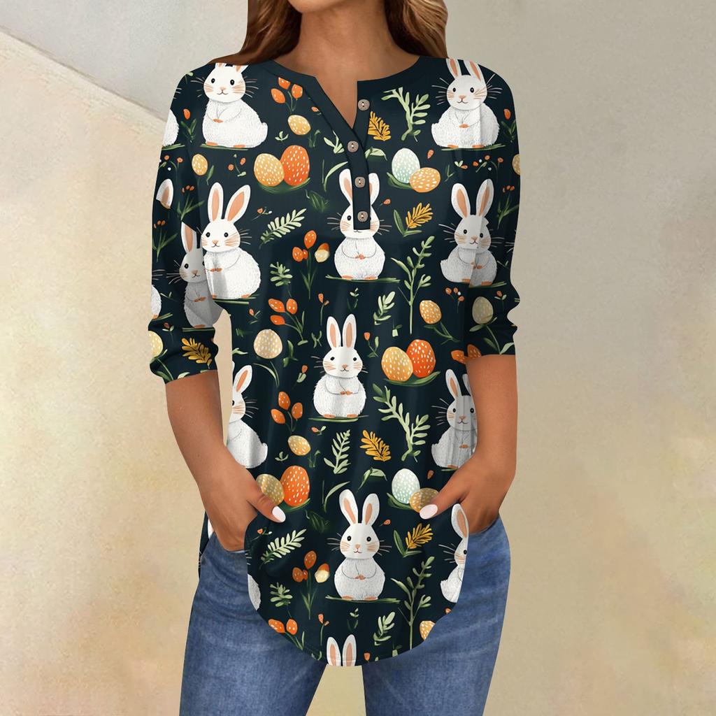 Women's 3/4 Sleeve Easter Egg Bunny Print Button Collar Fashion Casual Top