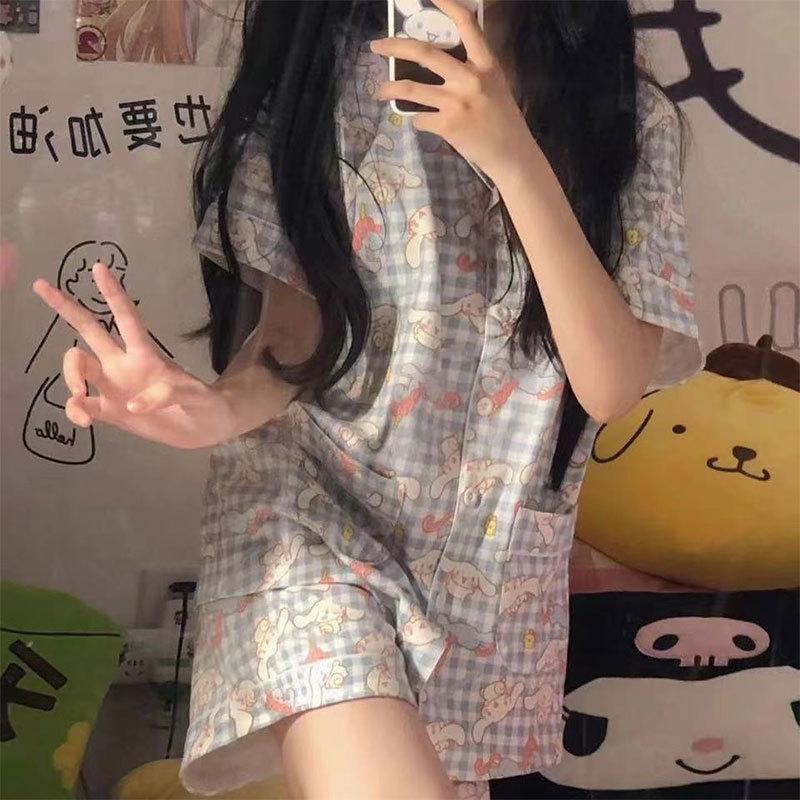 WeChat new short-sleeved pajamas women's summer lapel cute geometric loungewear Japanese and Korean popular shorts set