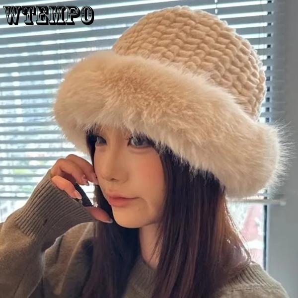 WTEMPO Autumn Winter Furry Plush Windproof Bucket Hats Warm Cold-proof Winter Ear Protection Thickened Cold-proof Fisherman Hats