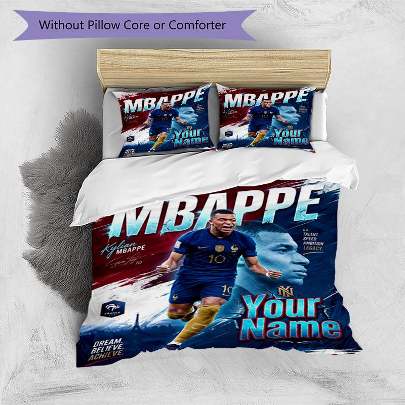 3pcs Custom Name MBAPPE Football Legend Printed Bedding Set Duvet Cover Closure Includes 1 Duvet Cover & 2 Pillowcases, Soft and Comfortable for All S