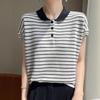 Women's Summer Color Block Striped Polo Collar Tencel Knit Tee