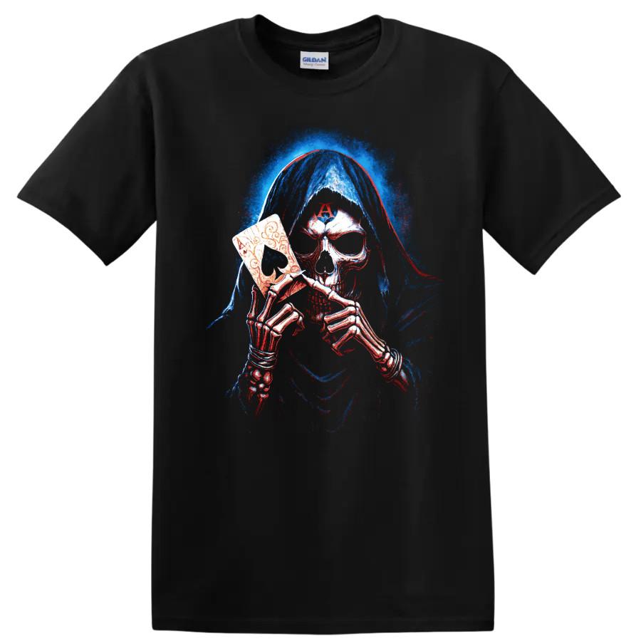 Skull Death Mask T Shirt w/ Hooded Skeleton Gothic Horror Halloween Graphic Tee