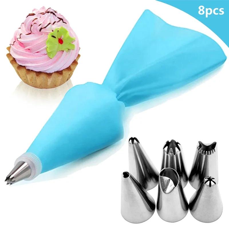 DIY Cake Decorating Tips Set, 6 Stainless Steel Nozzle Set, 8Pcs/Set Silicone Kitchen Accessories Icing Piping Cream Pastry Bag