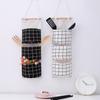 Grid Pattern Cotton Linen Three-Pocket Hanging Storage Bag