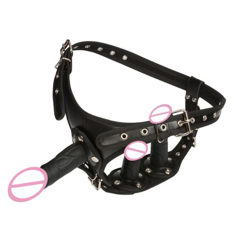 Big Fantasy Harness Triple Dildos Pegging Kit Red Black Strapon Strap Ons