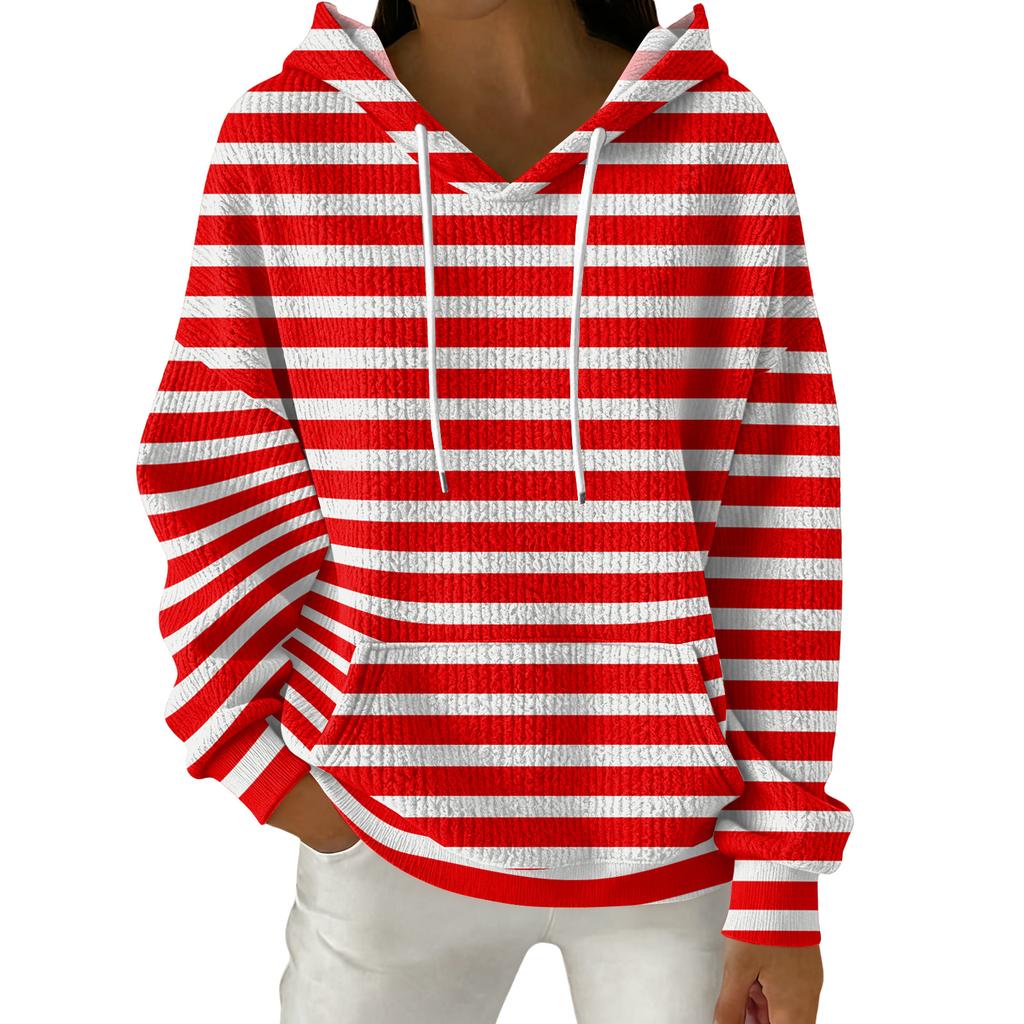 Women's Fashion Casual Striped Print Pullover Long-Sleeve Hooded Sweatshirt