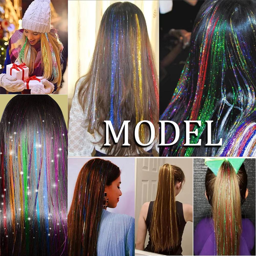 48inch Shiny Sparkle Hair Tinsel Kit Rainbow Women Colorful Glitter Bling Hair Extension Twinkle Hair Dazzles Accessories for