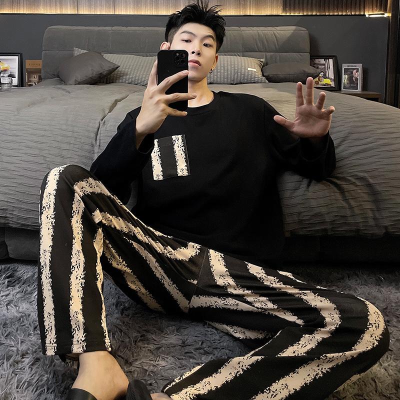 Мультяжная мужская пижама из хлопка, осенний комплект, топы для сна, брюки, круглый вырез, домашний костюм для отдыха, мужская пижама, ночная одежда