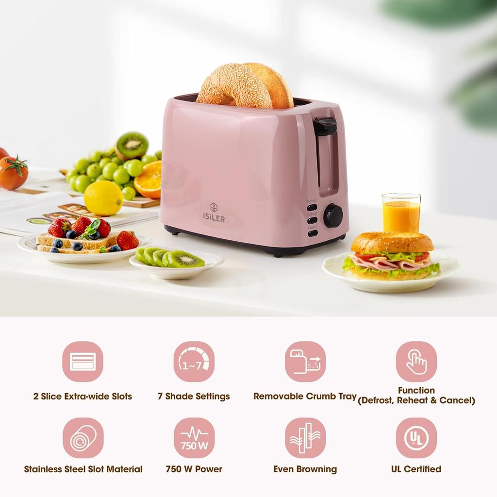 Slice Toaster, 1.3 Inches Wide Slot Bagel Toaster with 7 Shade Settings and Double Side Baking, Removable Crumb Tray, D