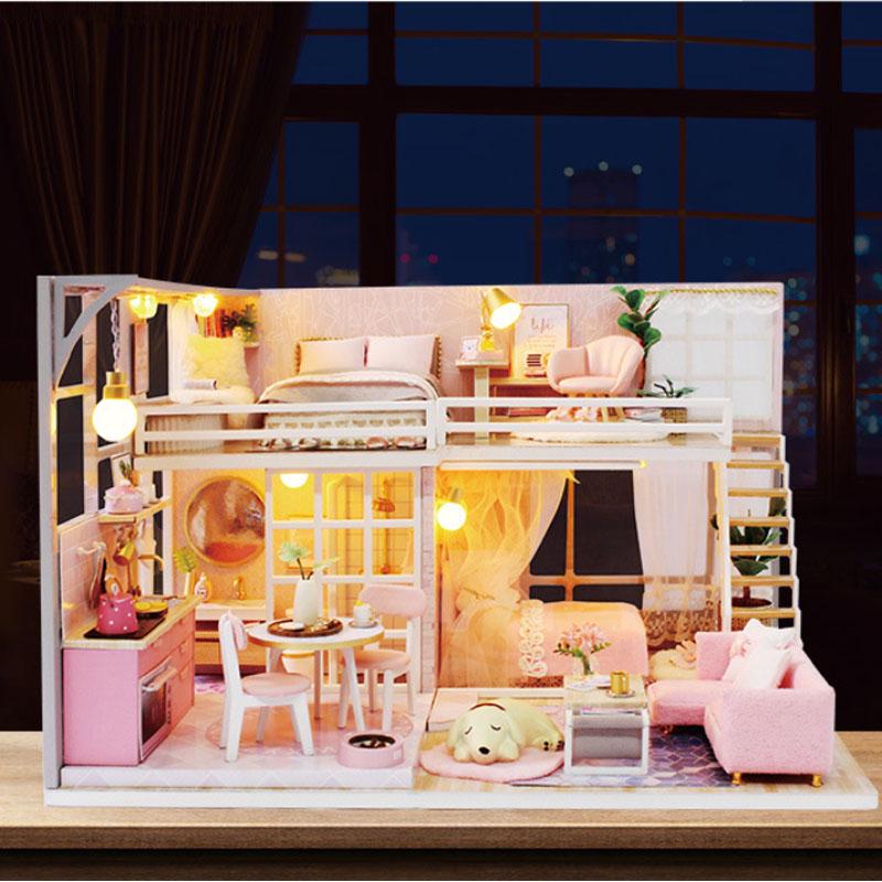 Miniature Pink Dream House Dollhouse With Furniture Kits Wooden Dolls House LED Lights Accessories