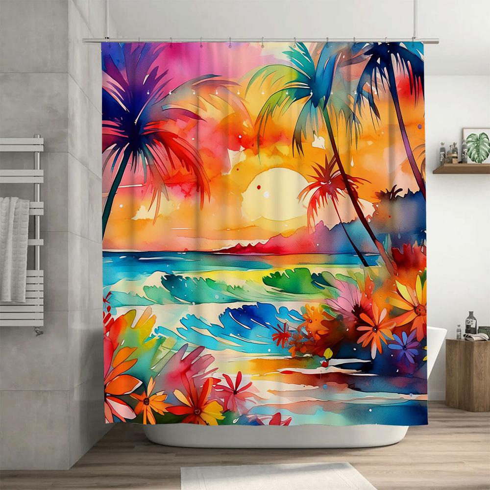 Sunset Palm Tree Beach Shower Curtain Modern Coastal Design For Bathroom Decorations