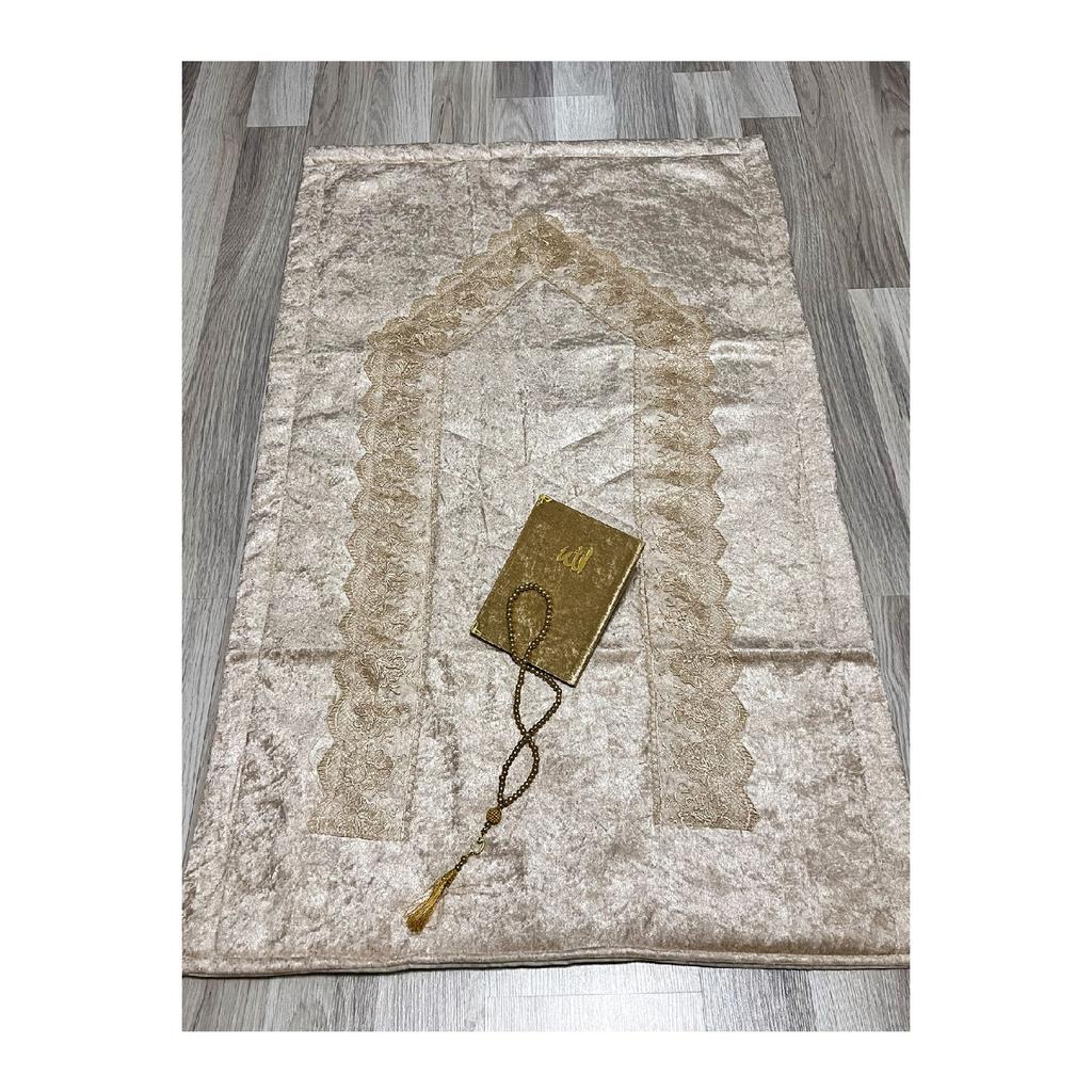3 Piece French Guipure Embroidered Velvet Dowry Bridal Set Prayer Rug