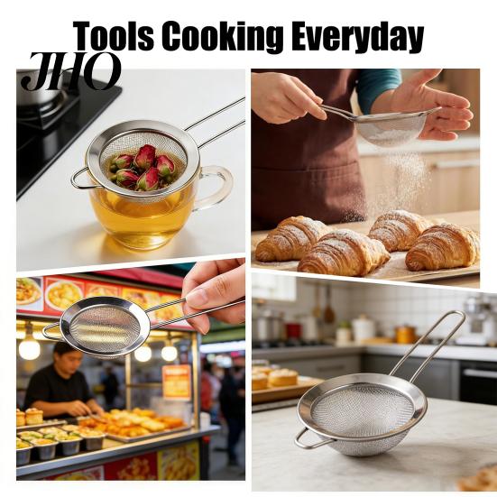 Corrosion Resistant Strainer Stainless Steel Fine Mesh Set Multi-Size Kitchen Sifter for Flour Oil Double Rivet & Juice Long Handle Dishwasher