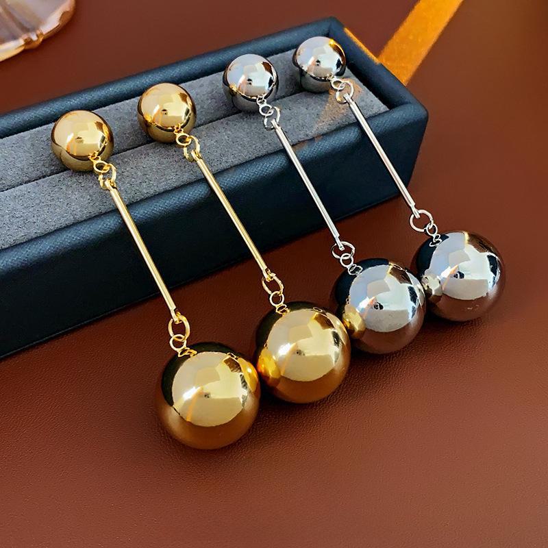 Silver Needle Tassel Earrings with Metal Ball - European & American Style Fashion Niche