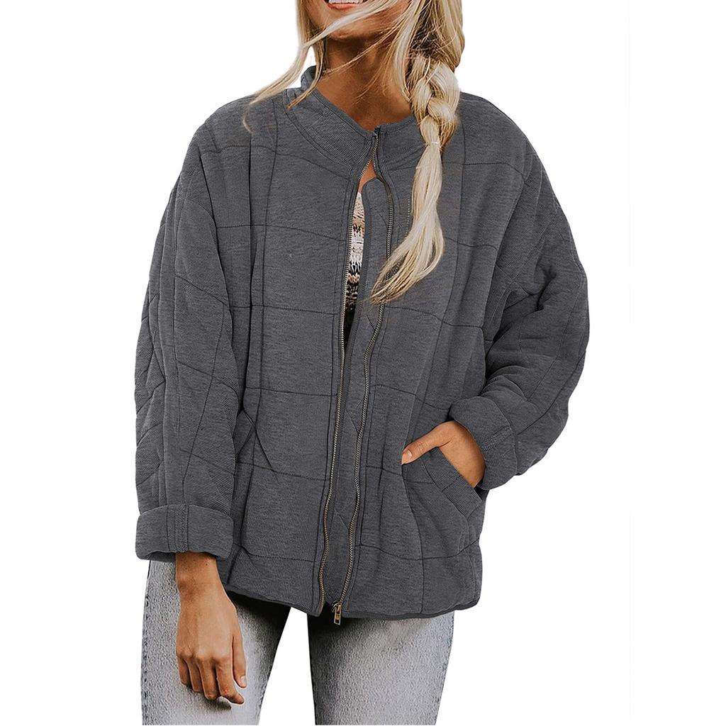 Women's Fashion Solid Color Stand Collar Cotton-Padded Jacket Loose Pocket Long Sleeve  Coat
